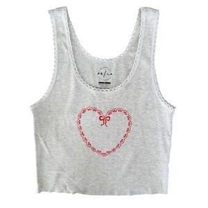 PS / LA Gray Ribbed Heart Graphic Lace Trim Crop Tank Top Womens Medium Lounge